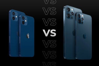 Comparision image of a blue iPhone 12 standing on the left and a gray iPhone 12 Pro standing on the right