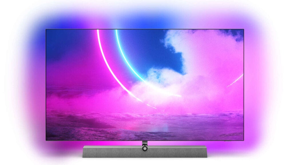 Philips OLED935A silver Phillips OLED935 TV standing on a white background