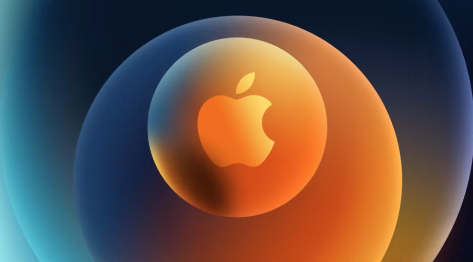 A blue-orange wallpaper with an Apple logo at the center