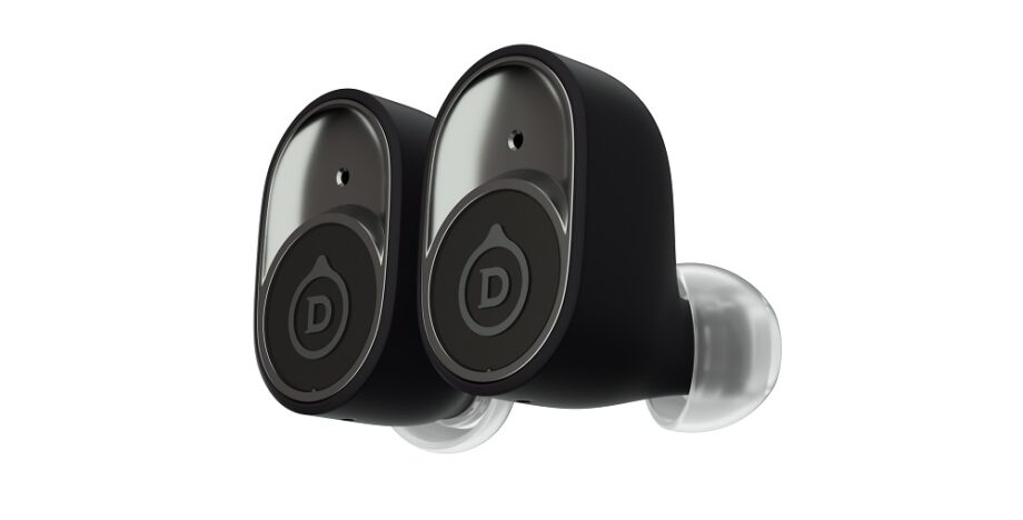 Black Devialet Gemini earbuds standing on white background