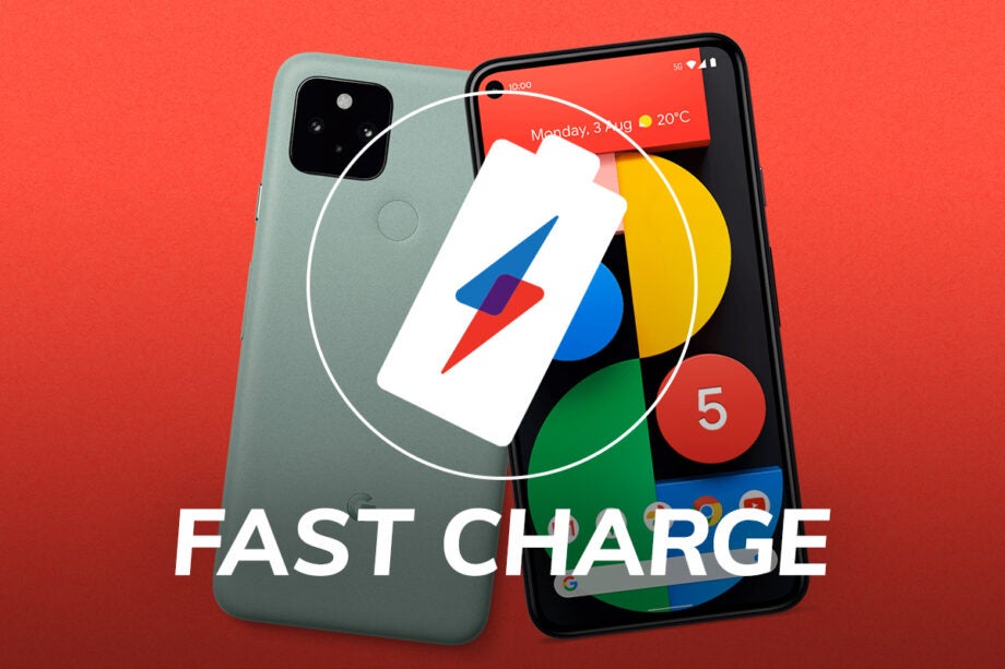 Two smartphones, one facing back and other facing front, standing on a red background  with a Fast charge logo and text on top