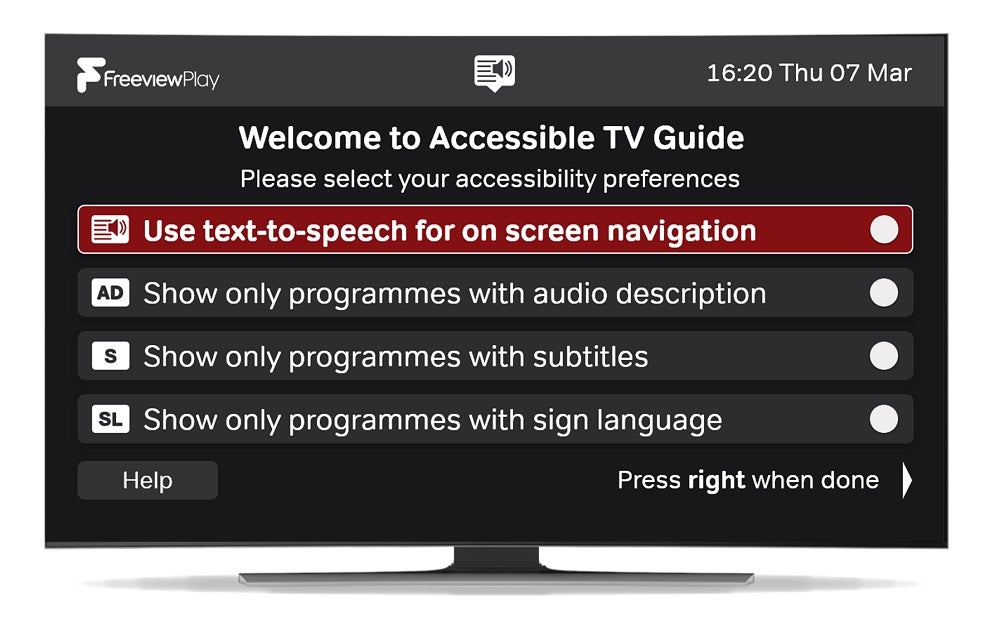 Picture of a TV standing on white background displaying Freeview Play's Accessible TV guide