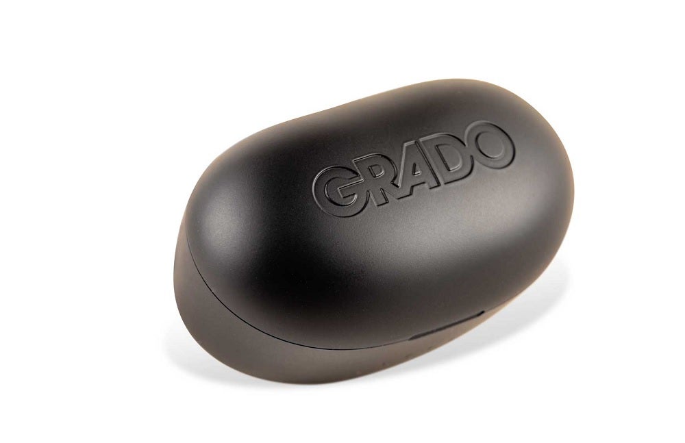 Grado GT220 earbud's black case standing on a white background