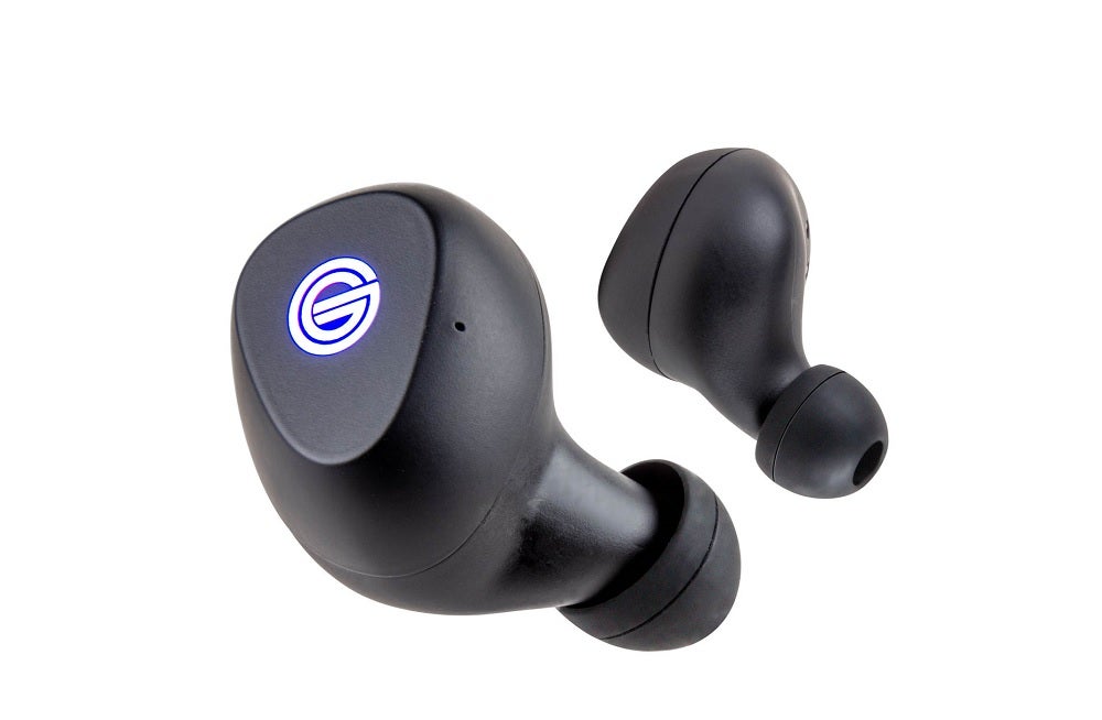 Black Grado GT220 earbuds resting it it's black caseBlack Grado GT220 earbuds floating on a white background