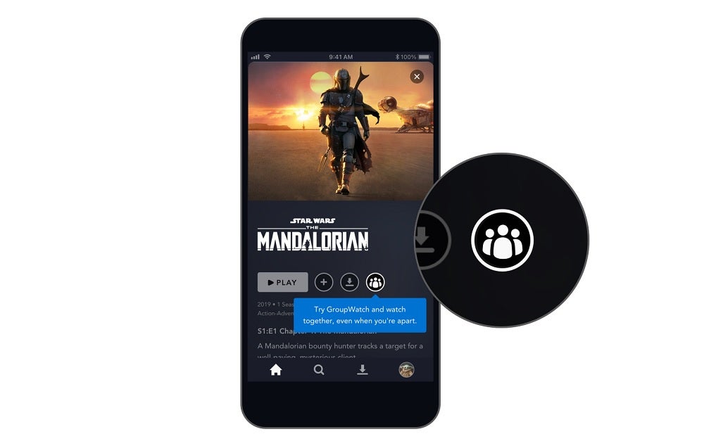 Screenshot of a scene from Star WarsA black smartphone standing on white background, displaying GroupWatch feature under Star Wars The Mandalorian