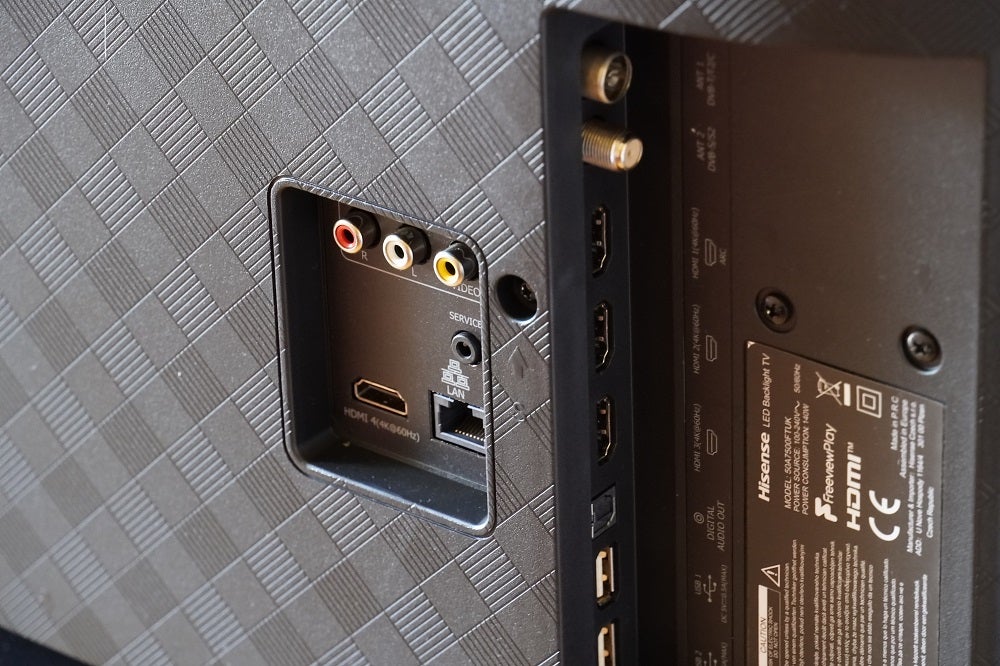A black Hisense A7500 TV's back panel's ports section