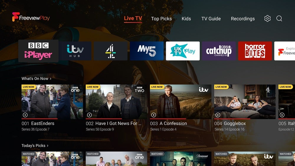 A TV displaying Freeview Play's homescreen