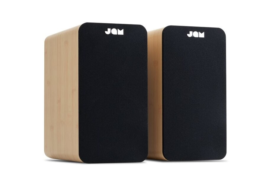 Wood and black JAM Bookshelf speakers standing on white background