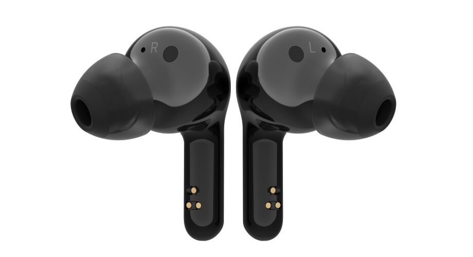 Blakc LG HBS FN7 earbuds standing on a white background