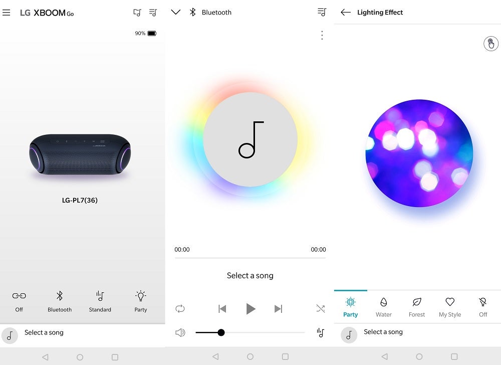 Screenshots of LG Xboom app settings about selecting a song, ligthing and speaker connectivity