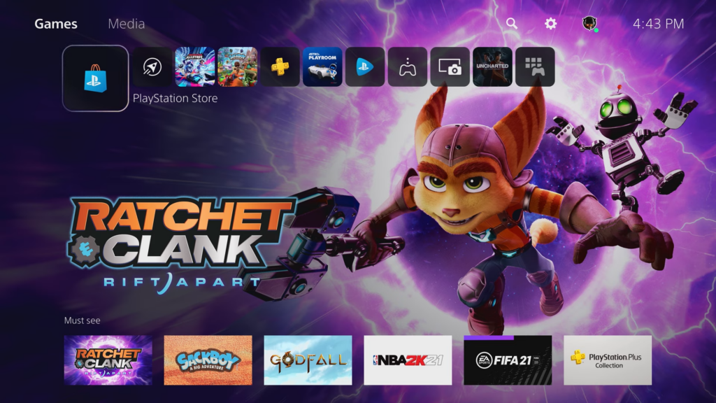 Wallpaper of a PS5 game called Ratchet Clank, Rift Apart