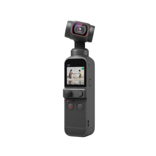 A gray DJI pocket 2 camera standing on a white background