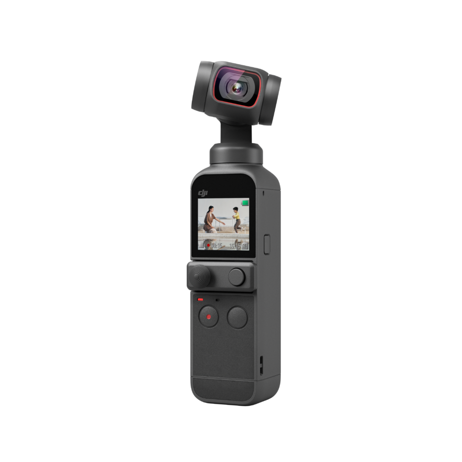 A gray DJI pocket 2 camera standing on a white background