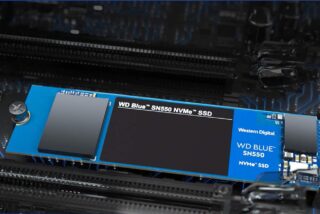 A black-blue SSD placed in position, fixed