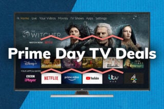 A gray JVC deals standing on a blue background displaying Android TVs homescreen with Prime day TV deals written on top