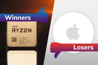 A AMD Ryzen on left tagged as winners and a Apple logo on the right tagged as losers