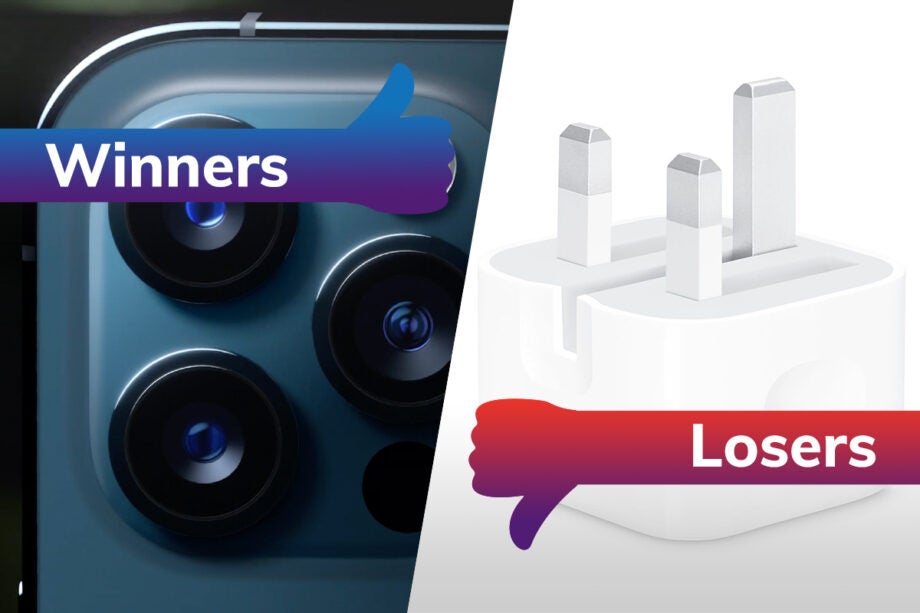 A close up image of camera's section on left tagged as winners and a white charger's adapter on the right tagged as losers