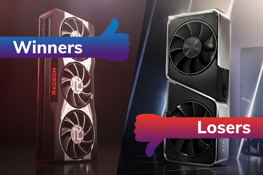 A Radeon on left tagged as winners and a black RTX on the right tagged as losers