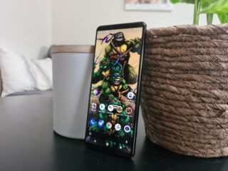 A black Xperia 5 II smartphone standing against a plant pot displaying home screen