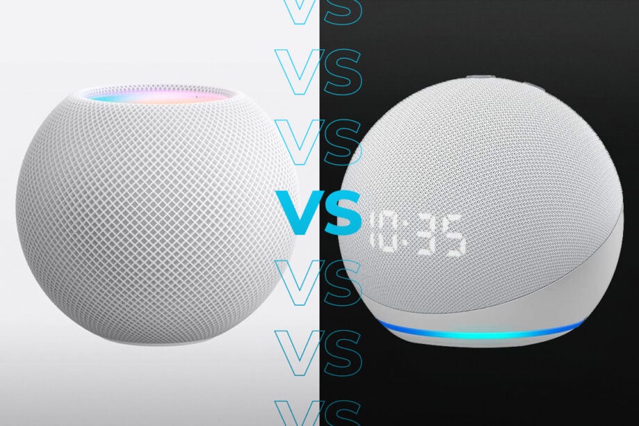 Comparision image of a white Homepod mini on the left and a white Amazon Echo dot standing on the right