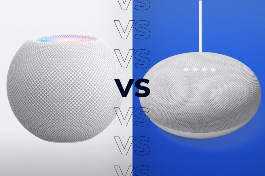 Comparision image of a white Homepod mini on the left and a white Nest mini standing on the right