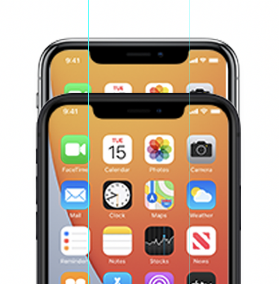 Two iPhones standing behind on another, showing iPhone12s slimmer Notch