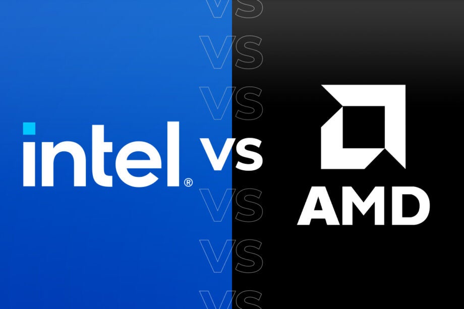 Comparision image of of an Intel logo on left and logo of AMD on the right