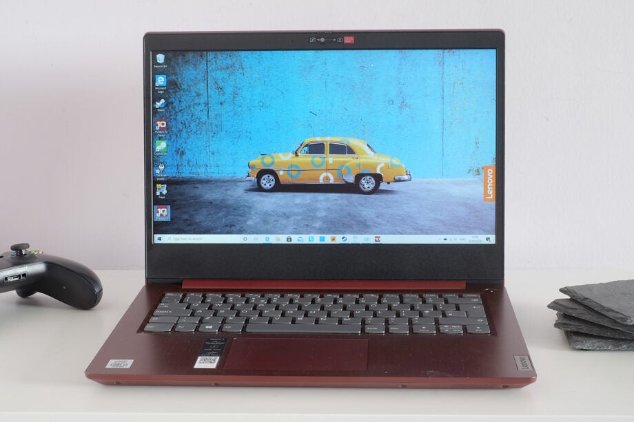 Front view of a brown-black Lenovo Ideapad 3 standing on a white background