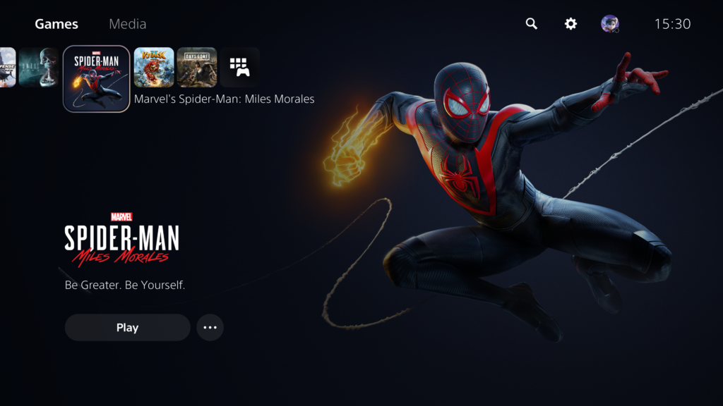 PS5 User Interface with showing Spider-Man Miles Morales
