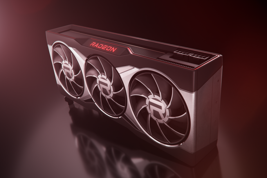 A silver black AMD Radeon RX-6800 standing on black background with a red layer on top