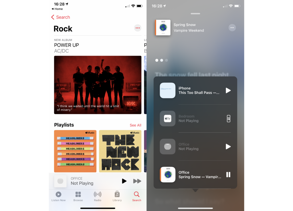 Two screenshots from Apple musics application playing music