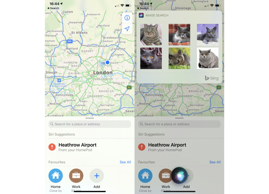 Two screenshots from Apple maps application 