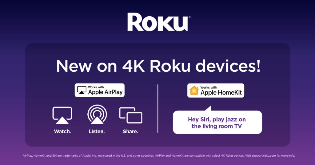 Blue-purple wallpaper of Roku abour new features on 4K Roku devices