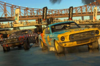 An animated picture of a scene from a car race game called Dirt 5