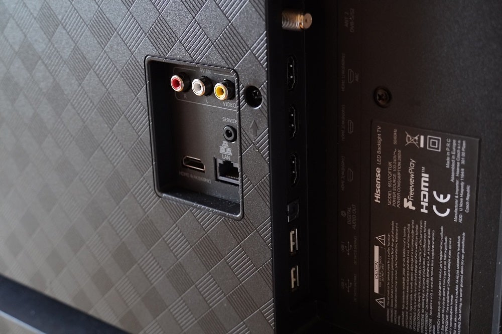 Close up image of a black Hisense U7QF back panel's ports section
