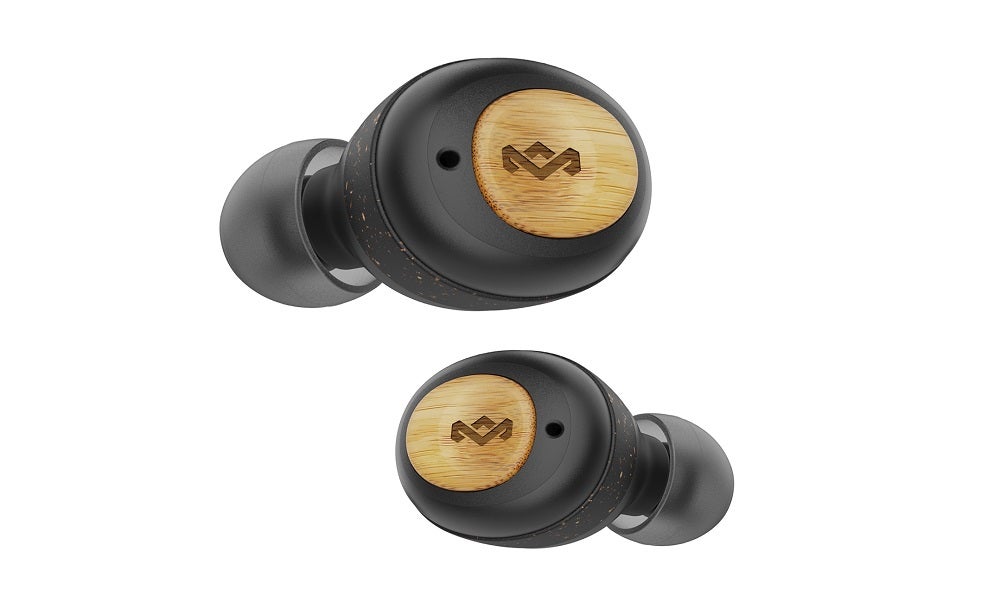 Black-brown House of Marley Champion earbuds floating on white background