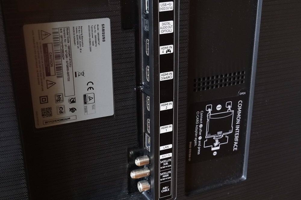 Close up image of a black Samsung Q80T's back panel's ports section