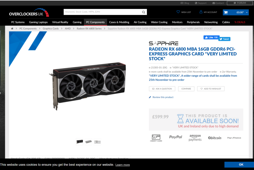 Screenshot from a shopping website displaying Radeon RX 6800 