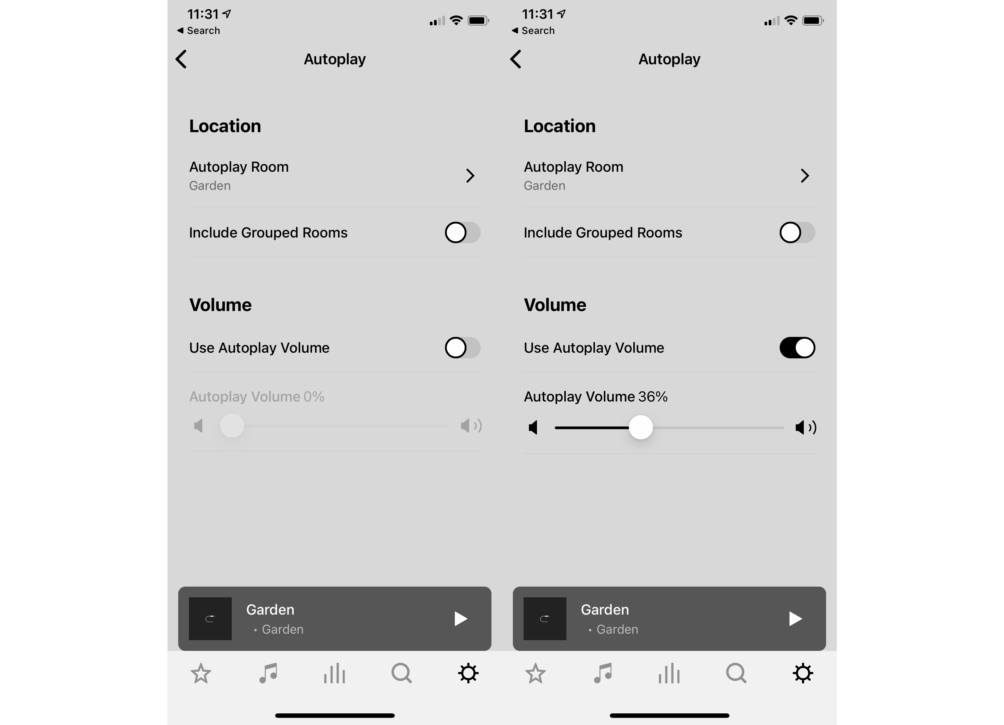 Screenshots from Sonos app displaying settings regarding Autoplay