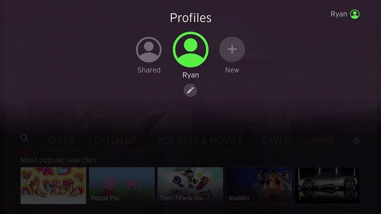 Screenshot of an streaming app's profiles, Ryan highlighted
