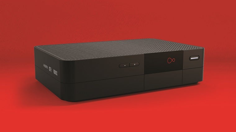 A black Virgin TV 360 box standing on red background
