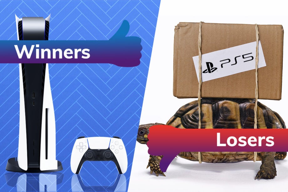 A Xbox with it’s controller on left tagged as winners and a PS5 tied to a turtle's back on the right tagged as losers