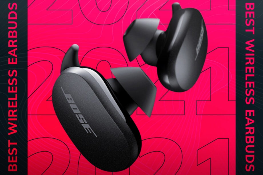 Black Bose earbuds on pink background with best wireless earbuds written on either sides
