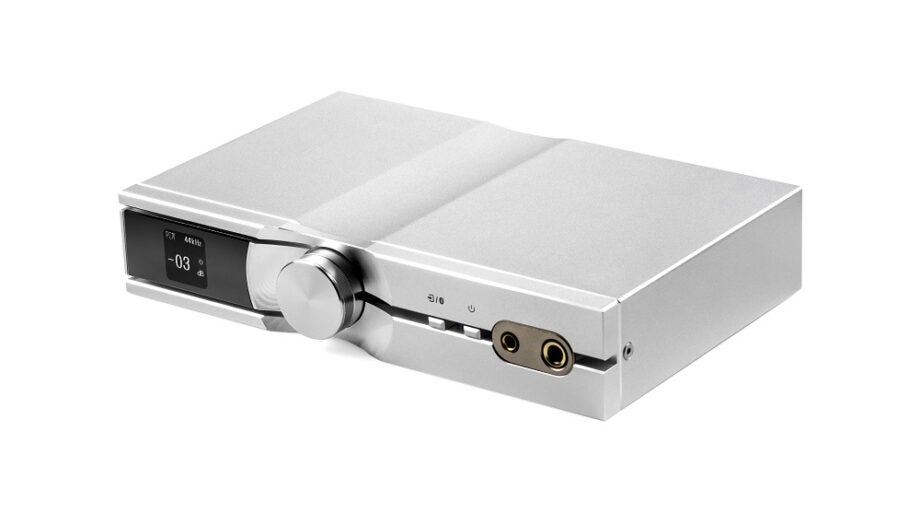 Right angled view of a silver iFi NEO iDSD resting on white background