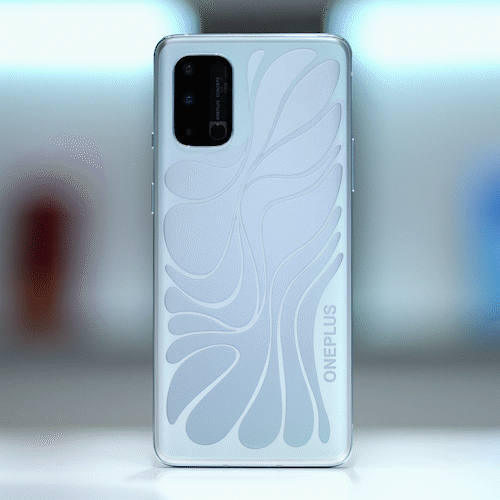 A GIF showing a One Plus smarphone standing facing back, pattern on the back panel changing color