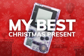 A white Gameboy Color gaming console on red background with My best christmas present written on top