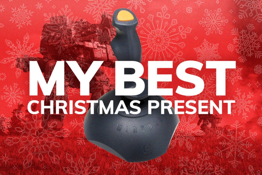 A joystick standing in red background with My best christmas present written on top