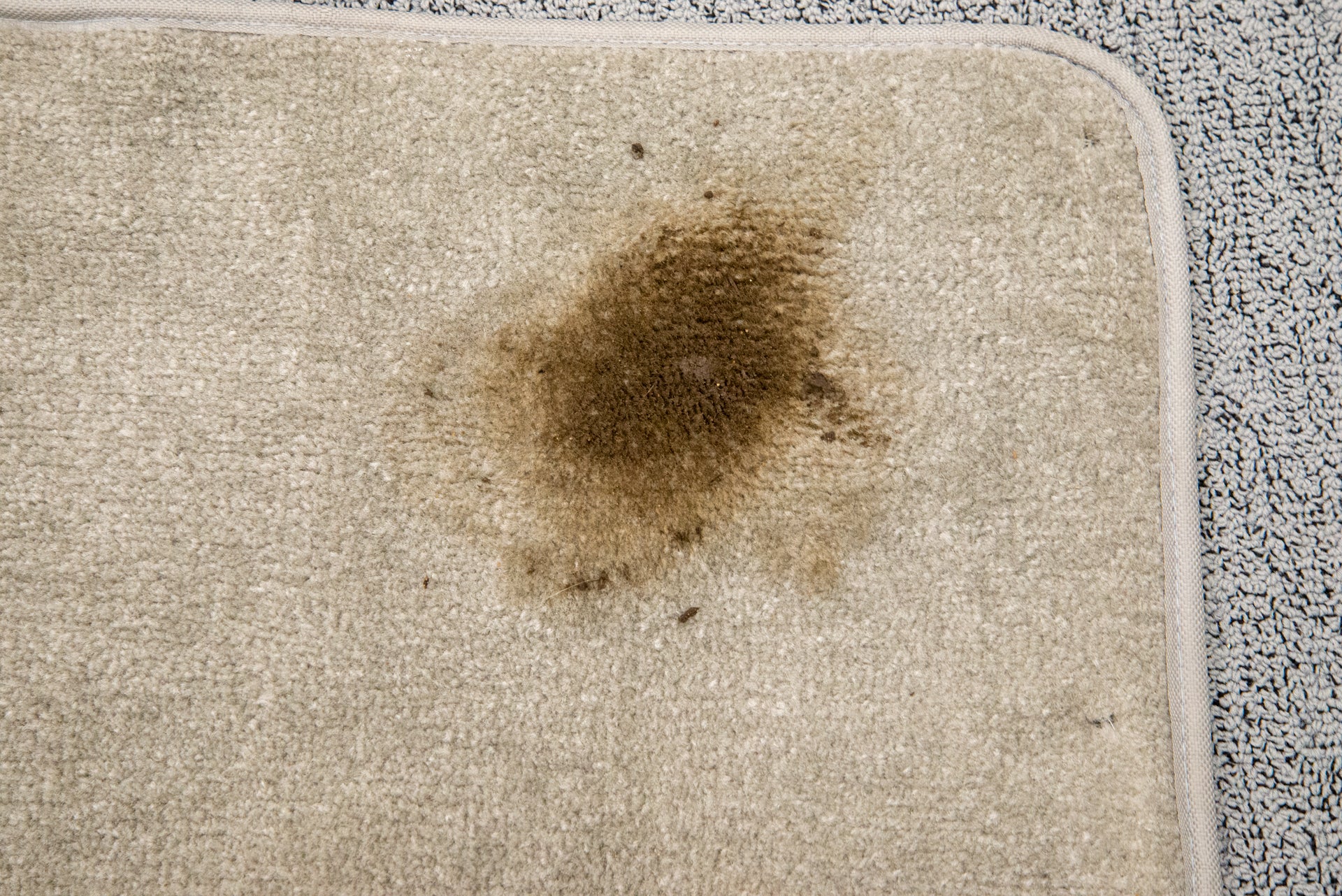 A mat on a carpet with a brown dirt spot