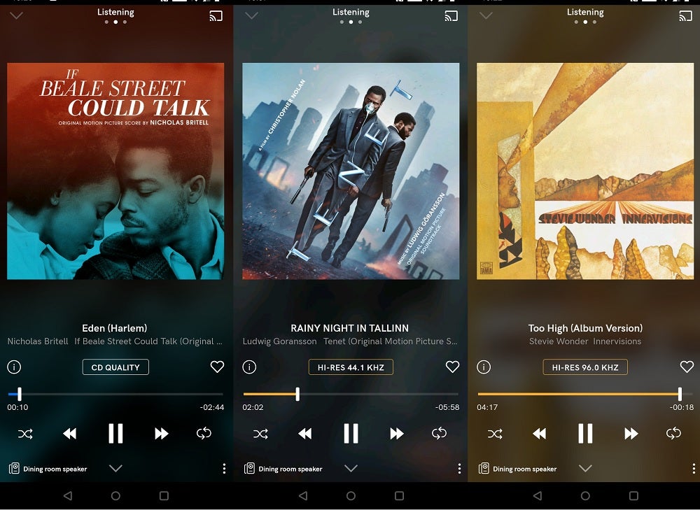 Three screenshots from a music player playing three different songs