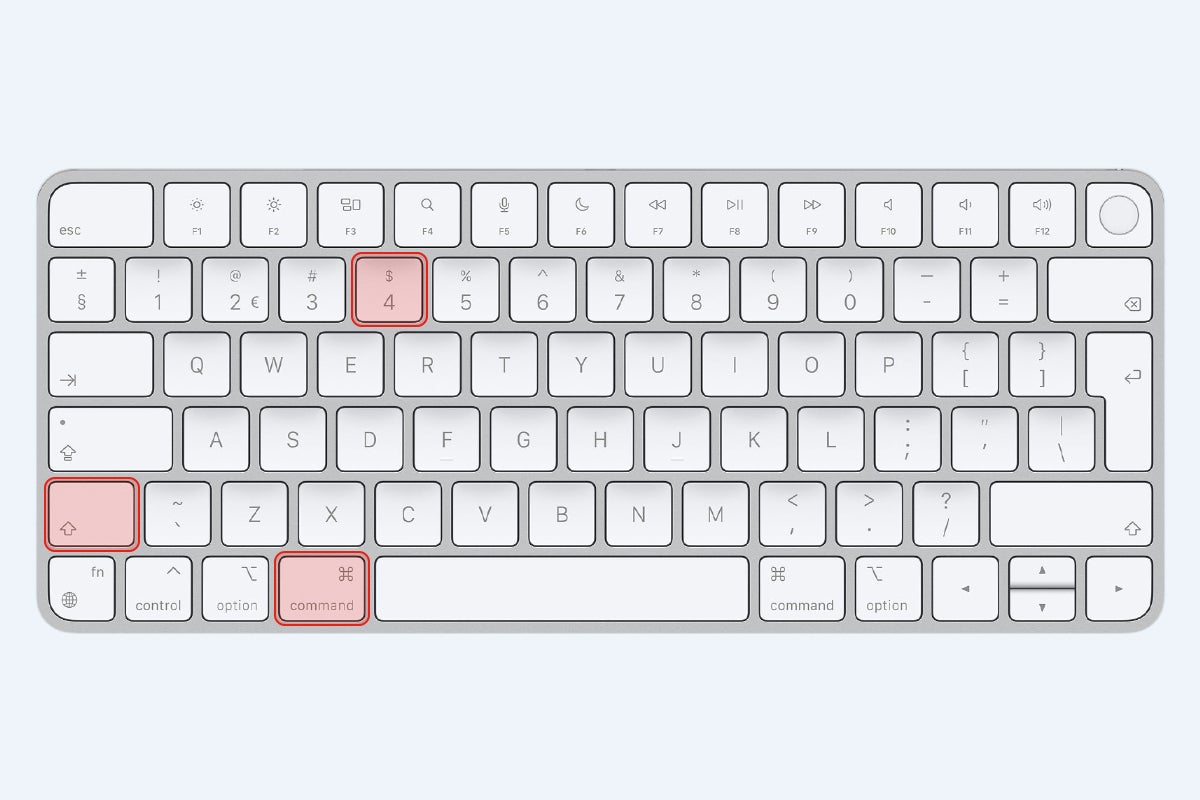 Mac keyboard with Command, Shift and 4 highlighted